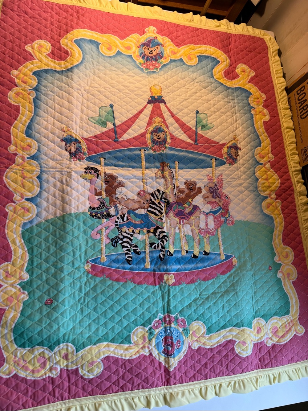 VTG Marshall Dry Goods Carousel Nursery Crib Quilt Ruffle 36x44